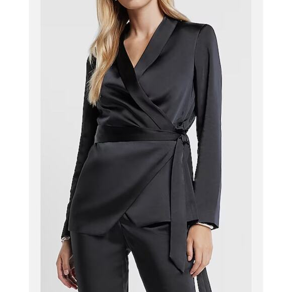NWT Express Black Satin Tie Front Blazer Size Medium Holiday Dressy Classy - Picture 2 of 11